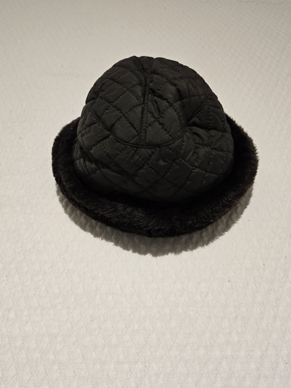 Magid Black Quilted Hat with Dark Brown Faux Fur Trim